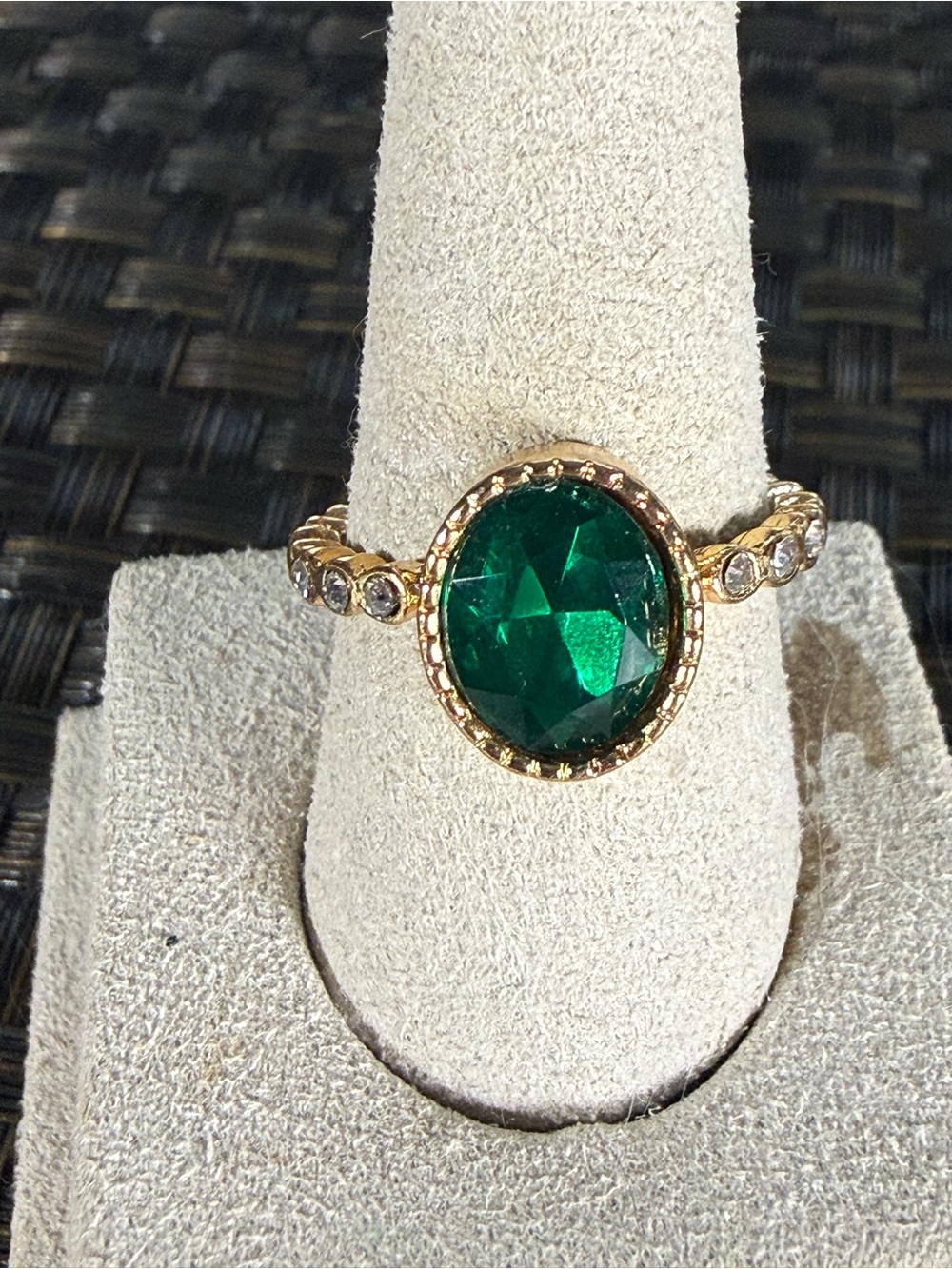 Gold-Tone Ring with Deep Emerald Oval Crystal